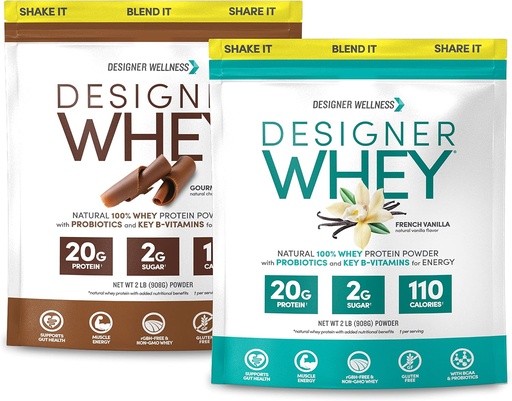 [BRSRMCT5CAMGGH3L] Designer Wellness, Designer Whey 2lb Fransk Vanilla og 2lb Gourmet Sjokolade Bundle