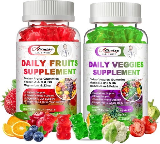 [BRSROEIKCN7AEELF] Sugar-Free Fruits och Veggies Supplement, Super Greens Gummies med multivitamin, mineraler och fiber, naturliga frukter och grönsaker Supplement stöder immunitet, antioxidant och energi för kvinnor och män