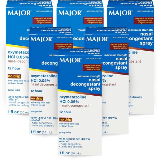 [BRSWYYI7CUAQYCYY] MAJOR Maximum Strength Nasal Decongestant Spray, Oxymetazoline HCl 0.05% Pump Mist, Non-Drowsy Nasal Spray, up to 12-Hour Relief from Nasal Congestion, Colds, and Allergies 1 Fl. Oz. (6-Pack)