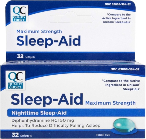 [BRSWYYAQBNYA4DTF] Quality Choice Max Strength Sleep Aid, Nighttime Sleep Aid Diphenhydramine HCI 50 mg, Non Habit Forming for Occasional Sleeplessness, Easy to Swallow Softgels, 32 Count Bottle