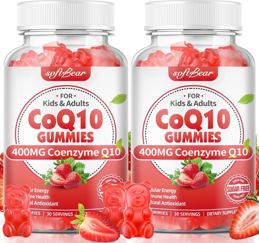 [BRSRAATYDJ5WGE3D] softbear CoQ10 Gummies 400mg Coenzyme Q10 toidulisand täiskasvanutele, kõrge imendumine coq10 Plus Omega-3, magneesium, vitamiin B3 ja tsink rakuenergia ja antioksüdant, maasikamaitse 120 krahv