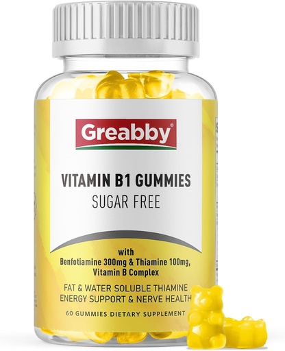 [BRSRA2YQAV5AE3D6] Vitamin B1 Gummies - Benfotiamine 300mg & Thiamine 100mg, Sugar Free, Vitamin B Complex Chewable Supplement, Energy Boost & Nervous System Health for Women Men, 60 Gummies