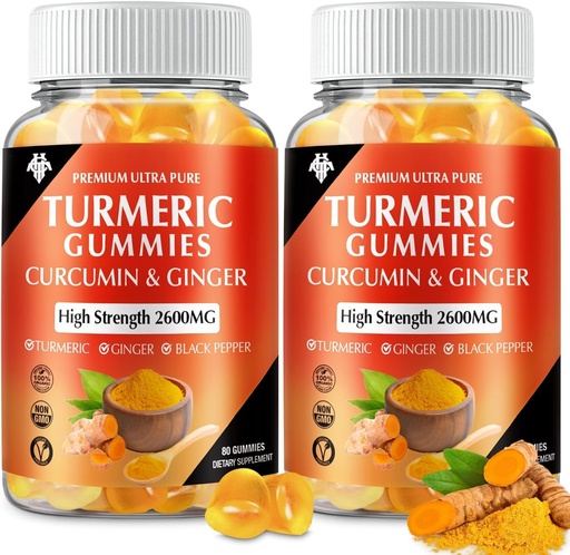 [BRSROCQRA4AW2E3X] Turmeric Curcumin Gummies with Ginger & Black Pepper Vegan Pectin Formula for Immune Boost, Healthy Skin & Joint Support Chewable Supplement for Adults & Teens (2-Pack)