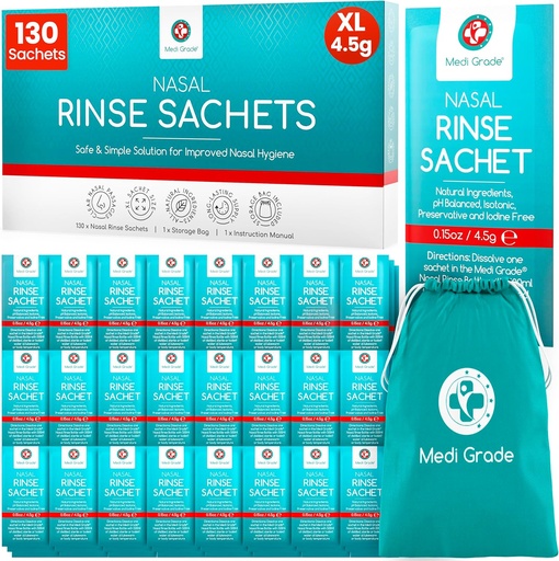 [BRSW2BQ7CABA4YLP] Medi Grade Sinus Rinse Packets – Nasal Rinse Essentials Kit of 130 x Salt Packets and Convenient Storage Bag - Enjoy Effortless Nasal Irrigation at Home or On The Go with Our Neti Pot Salt Packets