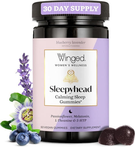 [BRSW2Z3QOEMBQ236] Winged Wellness Sleepyhead Natural Sleep Gummies for Women - Prime Sleep Support Aid for Adults with 3mg Melatonin, L-Theanine, 5-HTP - Blueberry Lavender Flavored - 30 Servings