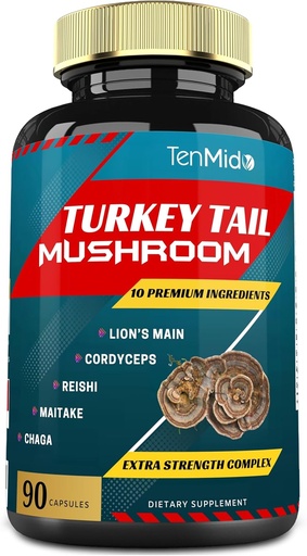[BRSW2FQRBEPB43A2] Turkey Tail Mushroom Supplement Extract with Lions Mane, Cordyceps, Reishi and More, 10 Herbs in 1 | Improves Digestive Function, Supports Immune System, 3 Months Supply