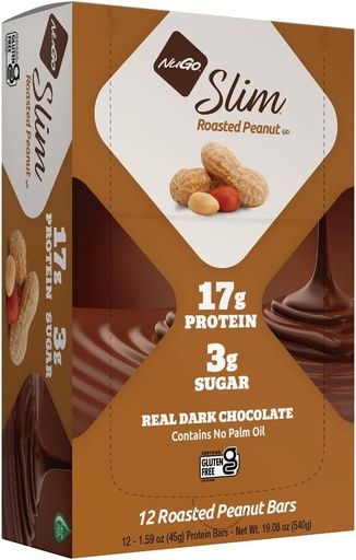 [BRSWIZYECQGQEFQV] NuGo Slim Dark Chocolate Roasted Peanut, 16g Protein, 2g Sugar, 7g Fiber, Low Net Carb, Keto Friendly, Gluten Free, 12 Conde