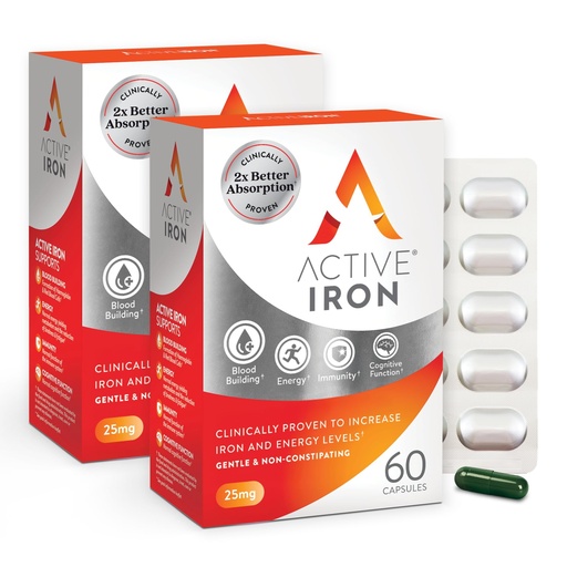 [BRSROGT2BYNAYYDL] Active Iron Supplement 25mg, Clinically Proven to Increase Iron & Energy Levels, Maximum Absorption, Gentle, Non-Constipating, Avoids Nausea & Side Effects, 120 On-the-Go Foil Protected Capsules