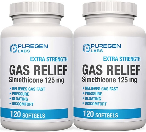 [BRSRMZILCAPA43L2] P Puregen Labs Extra Strength Gas Relief Softgels con Simethicone 125 mg | Fast Relieve of Pressure, Bloating and Painful Discomfort – 2 Pack | Total 240 Softgels