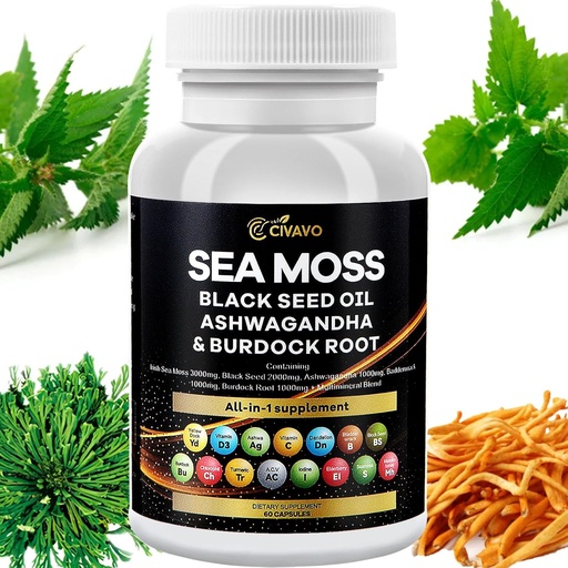 [BRSROBT3AQHGKHLF] Sea Moss 3000mg Black Seed Oil 2000mg Ashwagandha 1000mg Bladderwrack 1000mg Turmeric 1000mg Burdock 1000mg Vitamin C & D3 Elderberry Manuka Dandelion Yellow Dock Chlorophyll ACV