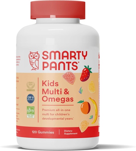 [BRSWIZQYCJYBQD36] SmartyPants Kids Multivitamin Gummies: Omega 3 Fish Oil (EPA/DHA), Vitamina D3, C, Vitamina B12, B6, A, K & Zinc per il supporto immunitario, Biotin, Gluten Free, Tre Sapori di frutta, 120 Count (30 giorni di alimentazione)