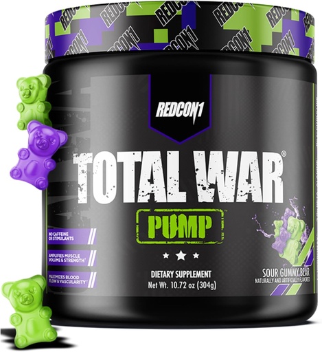 [BRSRAEARBANB4A3B] REDCON1 Non Stim & Caffeine Free Pre Workout Powder for Women & Men - Total War Pump - with L-Citrulline, Beta Alanine & More - Workout at Any Time of Day - Sour Gummy Bear (10.72 oz)