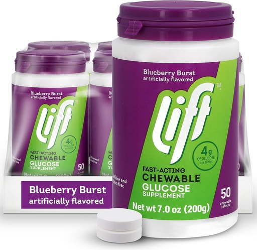 [BRSWYFQDOV6RMH3L] Lift Glucose | Fast-Acting Glucose Chewable Energy Tablets | Blueberry | 50 ct Jar (Pack of 6)