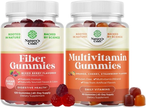 [BRSROCYYAR6WACT3] Bundle of Fiber Gummies for Adults - Chicory Root Supplement with Prebiotic for Gut & Digestive - Sugar Free & Vegan and Multivitamin Gummies for Adults - Halal Multivitamin Gummy with B12 Biotin