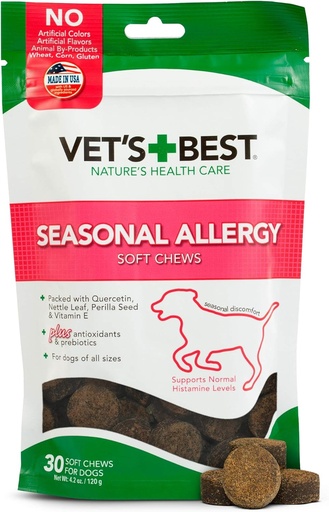 [BRSWKFQEOR4WYADG] Vet's Best Seasonal Allergy Soft Chew Dog Supplements, Soothes Dogs Skin Irritation Due to Seasonal Allergies, 30 Day Supply