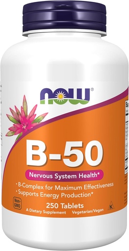 [BRSWIYT3BJ7QIALK] NOW Foods papildai, vitaminas B- 50 mg, energijos gamyba *, nervų sistemos sveikata *, 250 tablečių