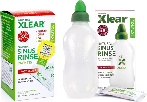 [BRSWG2QHBYNBACTB] Xlear Natural Xylitol Sinus Rinse Refill, Neti Pot Saline Packets - Nose Cleaner for Fast Pressure and Congestion Relief, Works with Most Nasal Irrigation Systems, 50 Count and 1 Rinse Bottle