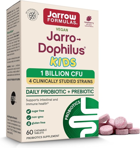 [BRSWYZ35AQBG2ELG] Jarrow Formulas® Jarro-Dophilus® Kids Probiotics and Prebiotics, 1 Billion CFU, Supplement for Intestinal and Immune Health Support, 60 Sugar-Free Raspberry-Flavored Chewable Tablets, 30 Day Supply