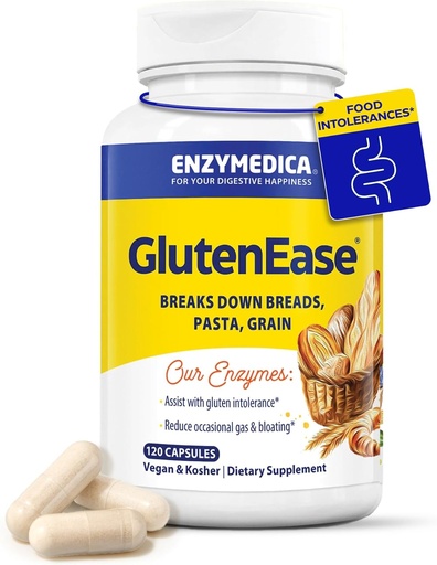 [BRSWIGQFDMMGADDU] Enzymedica GlutenEase, Advanced Digestive Enzymes for Women and Men, Fast-Acting Formula for Bloating Relief & Digestive Health, Helps Break Down Gluten & Casein, 120 Capsules FFP