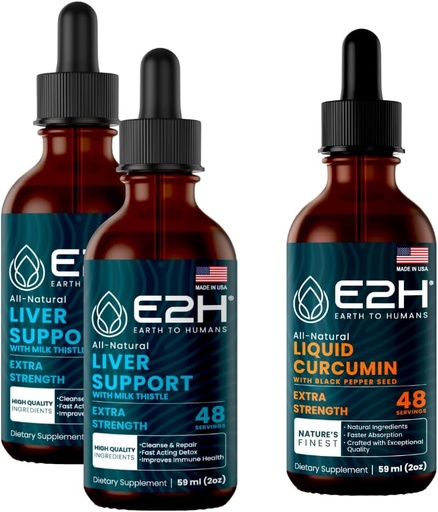[BRSROHT4PICQEDIY] E2H: Supplément de soutien du foie (2 Pack - 4 Fl Oz) et Curcumine Turmère liquide (Bouteille unique - 2 Fl Oz)