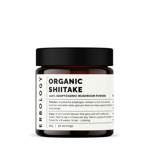 [BRSROYA7BECQY3L7] Erbology Organic Shiitake Mushroom Powder 50 Servings - 11% Beta-glucans - Immunity and Energy - Lentinula edodes - Small Batch - Sustainably Grown in Europe - Vegan - Non-GMO - No Added Fillers