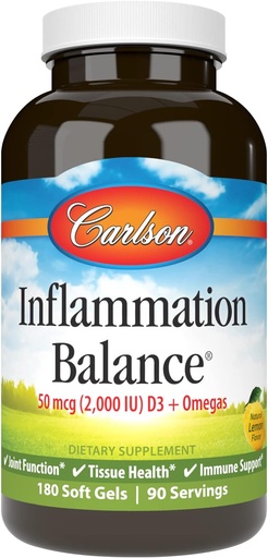 [BRSWIYILCUABAAL4] Carlson - Inflammation Balance, Balanceret Omega-3 & Omega- 6 Ratio, med D3, Norwegian, Wild- Caught Fish Oil Supplement med fede syrer, bæredygtigt sødet Fish Oil Kapsler, 180 Softgels
