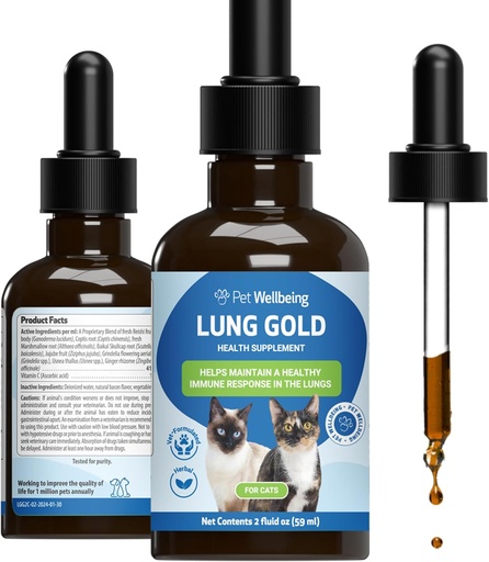 [BRSWKHD6CUJR23D3] Pet Wellbeing Lung Gold for Cats - Υποστήριξη Ανοσοποιητικού Πνεύμονα, Χαμηλότερη αναπνευστική υγεία, Open Airways, Κανονική αναπνοή, Reishi, Coptis - Κτηνιατρικό-Σχηματισμένο συμπλήρωμα βοτάνων - 2 oz (59 ml)