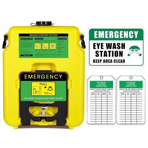 [BRSRMGAPOEIGYFDP] Portable Eyewash Station 14-gallon OSHA approved with One Station Sign and Two Inspection tags, Wall Mounted Gravity-Flow Indoors and Out, 53L Refillable Eyewash Station Heavy Duty, Yellow