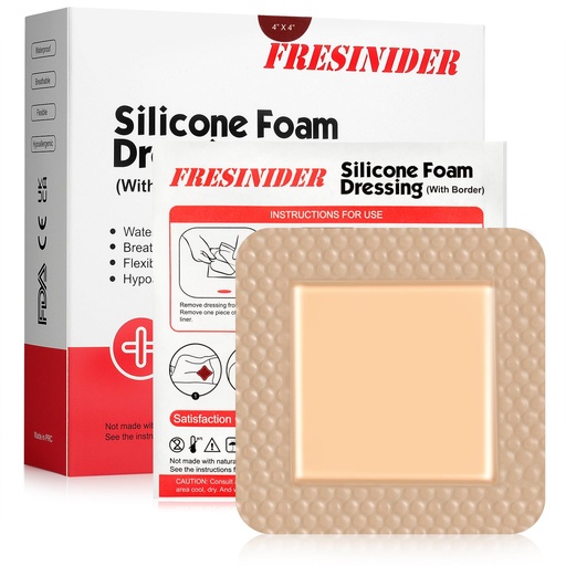 [BRSRMBAHOEBG22DG] FRESINIDER Silicone Foam Dressing with Adhesive Border – Wound Dressing Bandage – Silicone Foam Pad – Pack de 10 – 4 x 4 pulgadas Grandes Bandages resistentes al agua – Self Adhesive Wound Care and Dressings