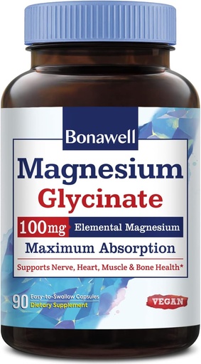 [BRSRMALQOQBBUE3L] Bonawell Magnesium Glycinate, Chelated Magnesium תוסף, זמינות ביולוגית מקסימלית ו Absorption, No Gluten, 100mg Elemental Magnesium, Nerve, Heart, שריר בריאות & מרגיעה, 90 קפסולות טבעוניות טבעוניות