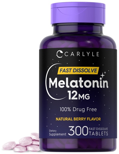 [BRSWYZT4OJ7GKYD2] Carlyle Melatonin 12 mg Fast Dissolve 300 Tablets | Drug Free | Natural Berry Flavor | Vegetarian, Non-GMO, Gluten Free