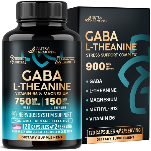 [BRSRMCAYAEFWOGTV] GABA L-Theanine 900 mg - Made in USA - Magnesium | Vitamin B6 - Calm, Sleep, Relaxation & Mood Support - 750 mg Gamma AminoButyric Acid, 150 mg L-Theanine - Non-Habit Forming, Vegan - 120 Capsules