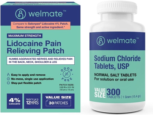 [BRSRABILCFYAIF3G] WELMATE Recovery Bundle: Sodium Chloride Tablets, 300ct + 4% Lidocaine Numbing Patch 30 ct