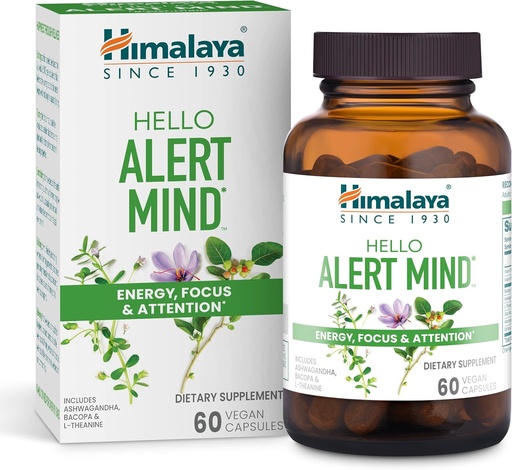 [BRSRMAA5BB5RMYDZ] Himalaya Hello Alert Mind with L-Theanine, Ashwagandha, Bacopa, Vitamín B6 & B12, for Energy, Focus & Attention, Vegan, Gluten Free, 60 Kapsule