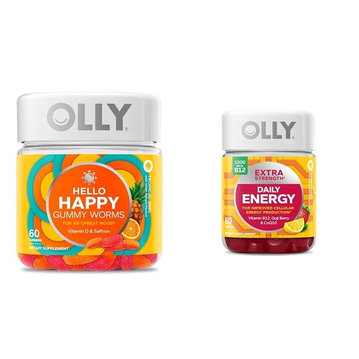 [BRSROAIPC4HQA23J] OLLY Hello Happy Gummy Worms, Mood Balance Support, Vitamin D, Saffron, Adult Chewable Supplement & Extra Strength Daily Energy Gummy, Caffeine Free, 1000mcg Vitamin B12, CoQ10, Goji Berry