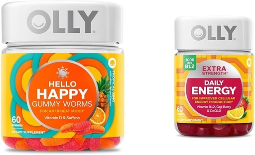 [BRSROAIPC4HQA23J] OLLY Hello Happy Gummy Worms, Mood Balance Support, Vitamin D, Saffron, Yetişkin Chewable Supplement & Ekstra Güçlü Günlük Enerji Gummy, Caffeine Free, 1000 Find Berry Vitamin B12, CoQ10, Goji Berry