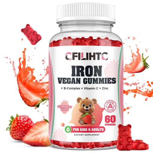 [BRSRAFIZB5YQKCTU] Iron Gummies for Kids, Women & Men, Iron Supplement with Multivitamin - Vitamin B Complex, C, B6, B12, Folate, Zinc for Anemia, Iron Deficiency, Blood Builder, Energy - Strawberry Flavor, Vegan 60ct