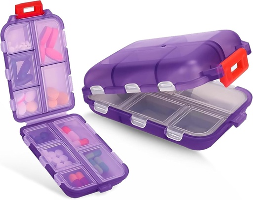[BRSRAGA7OQMQA3DX] Travel Pill Box – Travel Pill Organizer – Kompakte tragbare Pille Case mit 10 Komponenten – Pille Case für Geldbeutel, Tasche – dauerhafte tägliche Pille Organizer für Vitamine, Ergänzungen (Purple)