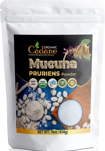 [BRSWGAAQBMIGYYLJ] Organic Cadane Mucuna Pruriens Powder 1 Pound | Promotes Brain Health, Supports Immune System, Energy | USDA Certified Vegan-Friendly Supplements | Pure Natural Velvet Beans Extract from India