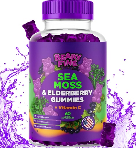 [BRSRAYYFCV5Q2CA7] Sea Moss Gummies & Elderberry - Vitamin C + Zinc – Extra Strength Immune & Thyroid Support Booster Gummy Bears for Kids & Adults - 60 Seamoss Gummies - Made in The USA
