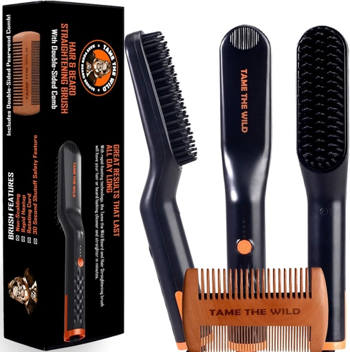 [BRSWGBD5PICGA33X] TAME The Wild Beard Brush and Beard Straightener for Men - Ionic Heated Comb with 3 Adjustable Temps - Wooden Beard Comb for Grooming - Anti-Scald Safety - for All Hair Types