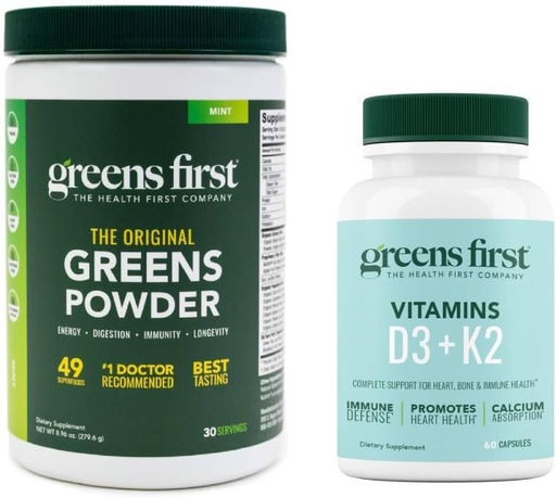 [BRSROBQHOIBWC3D5] Greens First - Mint - 30 Servings - Greens Powder Superfood, 49 Superfoods, 15+ Organic Fruit & Vegetables, Dairy Free, Vegan & Non-GMO - 9.86 oz and D3+K2 Vitamins, 60 Vegetable Capsules
