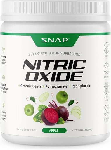[BRSW2AAYDECGMC3G] Snap Supplements Organic Beet Root Nitric Oxide אבקת - תומך באנרגיה ומנוחה בריאה, 8.8 oz (30 משרתים, 1 חודשים אספקה), Apple