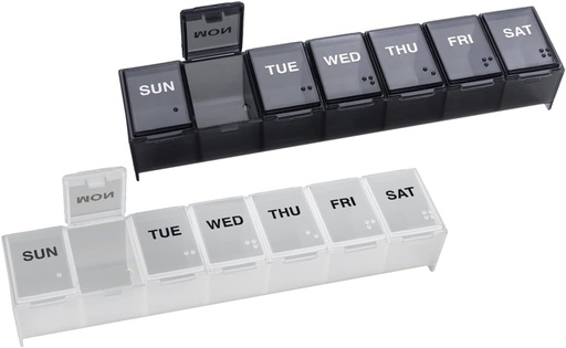 [BRSW2HAFPIOREFDU] EZY DOSE Weekly (7-día) Organización diaria de pílulas, Vitamin Planner e Container Medicina, Grandes comparacións, fácil de abrir, Travel Friendly, inclúe un negro e un branco (2 Pack), feito en Estados Unidos.