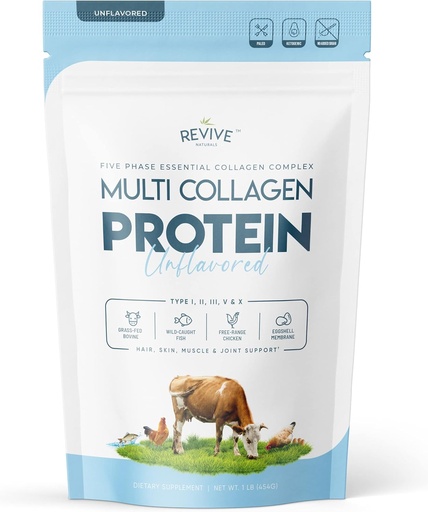 [BRSWYYAZOZ6Q2234] Multi Collagen Hydrolyzed Protein Powder (16oz) - Tipos I, II, III, V & X - Grass Fed Bovine (Peptan®), Wild Caught Marine, Free Roaming Chicken & Eggshell Collagen Peptides, Non-GMO, GF.