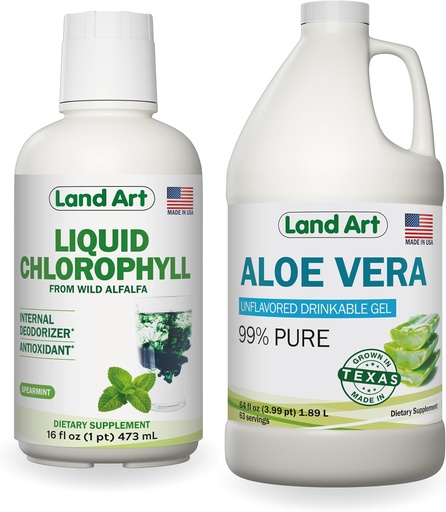 [BRSRO2QLCAGQGD35] Land Art Pure Aloe Vera Drinkable Gel Unflavored 64 fl oz + Liquid Chlorophyll Mint Flavored 16 fl oz