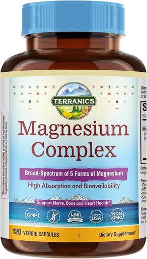 [BRSRO2QDAEBGKGY4] Terranics 5-in-1 Magnesium Complex Supplement 500mg - 5 Forms High Absorption Magnesium Glycinate Citrate Malate Aspartate Gluconate for Sleep Heart Health - Non-GMO 120 Vegan Capsules