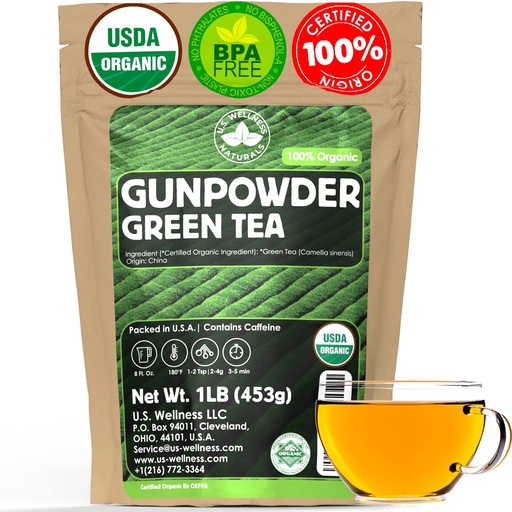[BRSW2HALOF6G2FDF] U.S. Wellness Naturals Organic Gunpowder Green Tea | Loose Leaf | Premium Quality | 100% Certified Organic Green Tea |16oz/453g | 200+ Cups