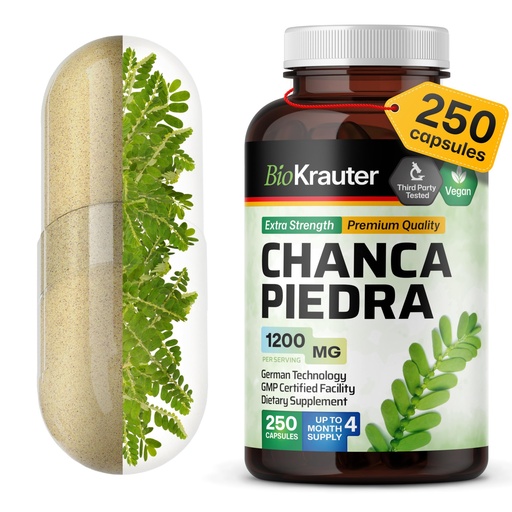 [BRSWGBARBYBRG3Y3] BIO KRAUTER® Chanca Piedra for Kidney Support - Vegan & Pure Chanca Piedra Stone Breaker - Natural Kidney Stones Dissolver & Gallbladder Cleanse Formula 1200 mg per Serving, 250 Capsules, Non-GMO