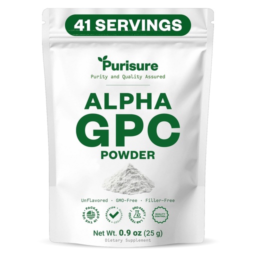 [BRSWGEDYAQGQEDI4] Purisure Alpha GPC Powder, 25 g, Pure Alpha GPC Choline Supplement for Brain and Focus, CDP Choline Supplements for Memory Performance & Concentration, No Fillers, Non-GMO, Offers 41 Servings